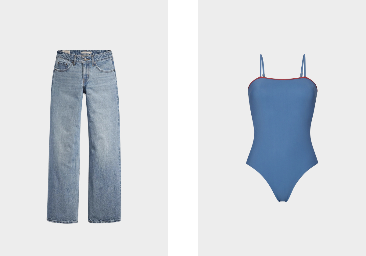Calças em denim Low Loose, € 120, Levi's; fato-de-banho em modal, € 130, Latitid.