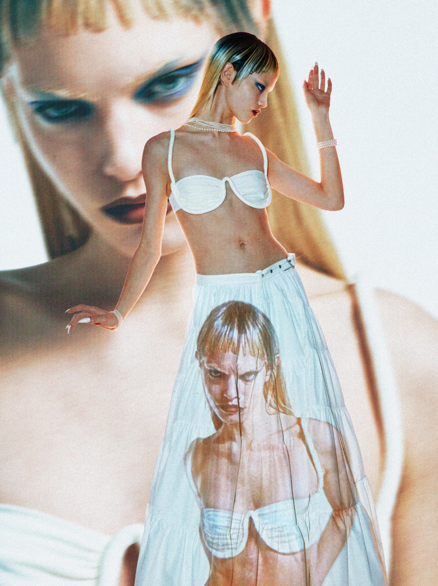 Lise: soutien, ISA BOULDER. Saia, DIOR. Colares e pulseiras, tudo COPIN.