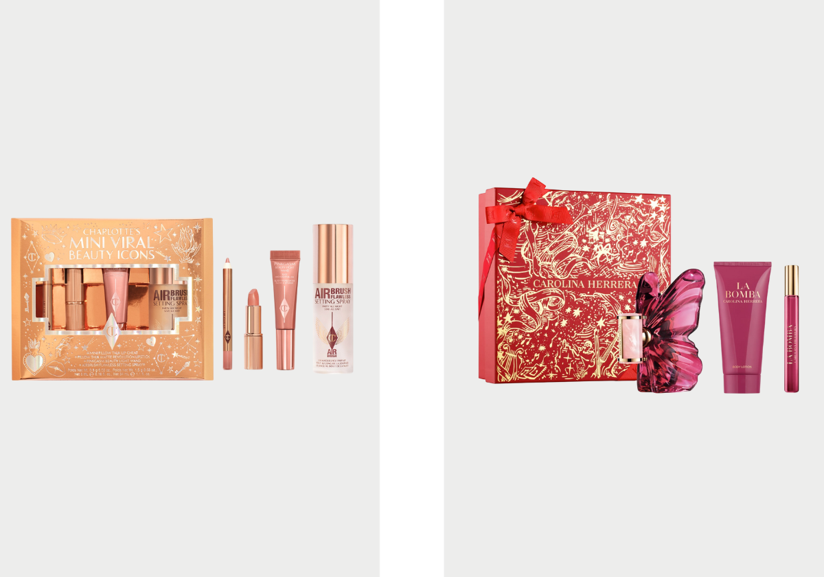 Coffret Charlotte's Mini Viral Beauty Icons, €54, Charlotte Tilbury na Sephora; coffret La Bomba, €97,82, Carolina Herrera na Wells.