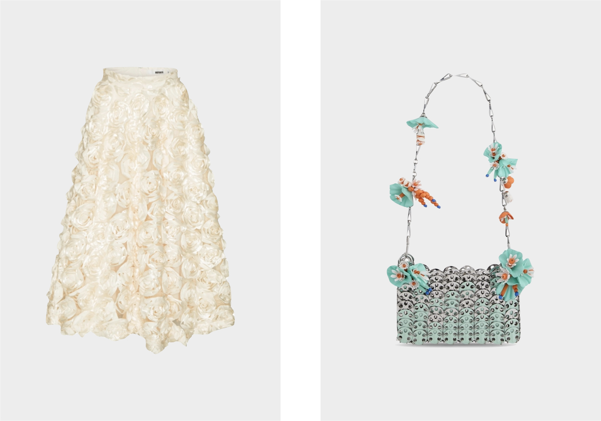 Saia Sun em poliéster, € 390, Rotate Birger Christensen, em farfetch.com; carteira Sac 1969 Nano, € 1.690, Rabanne.