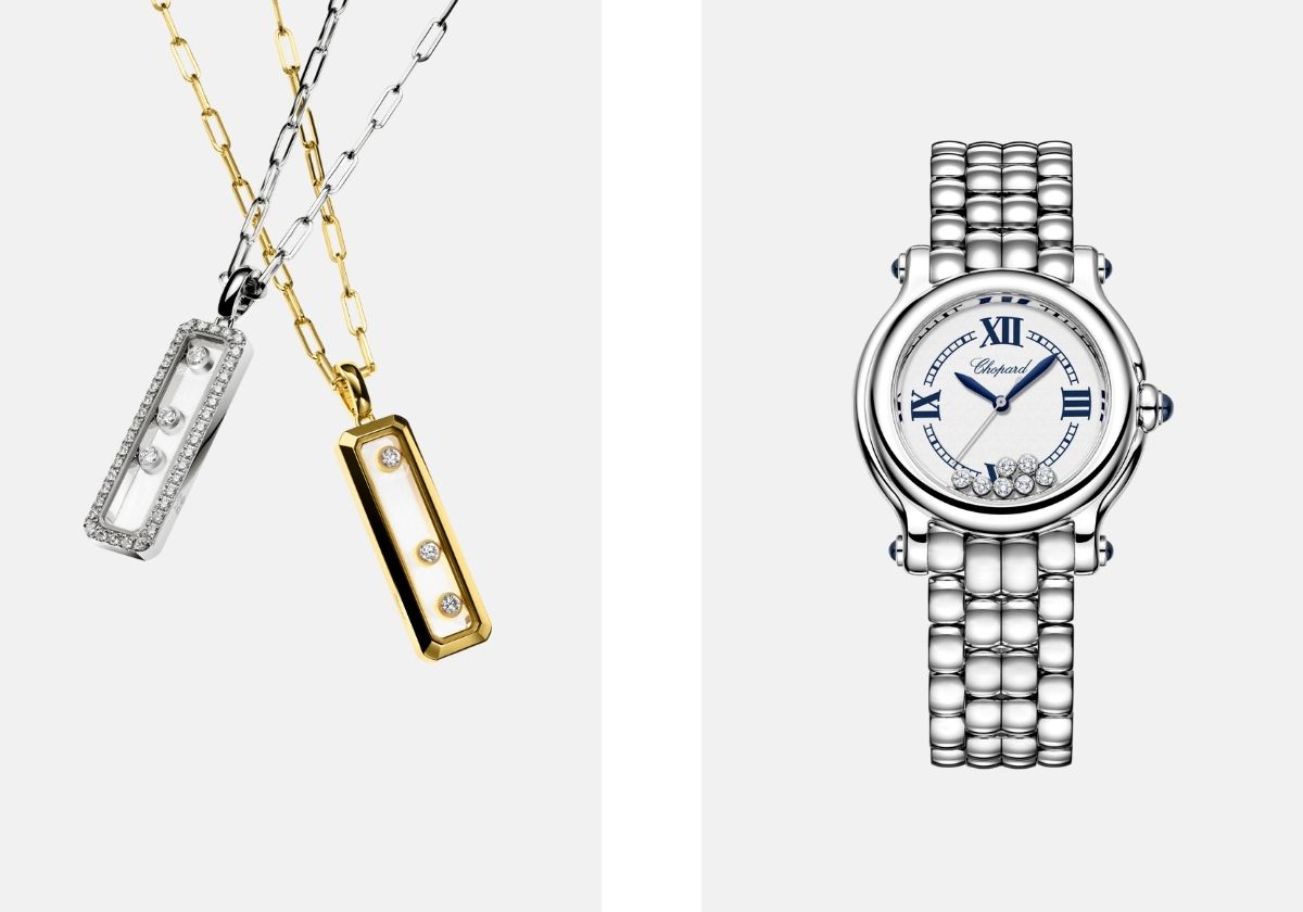 À esquerda: Colar Happy Diamonds em ouro amarelo ético ou ouro branco ético com diamantes, preço sob consulta, Chopard. À direita: Relógio Happy Sport The First 33mm com caixa e bracelete em Lucent Steel com diamantes e movimento quartzo, preço sob consulta, Chopard.