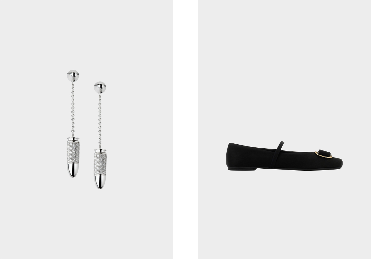 Brincos Bang Bang em ouro branco com diamantes, preço sob consulta, Akillis; Sapatos New Vara, € 695, Ferragamo.