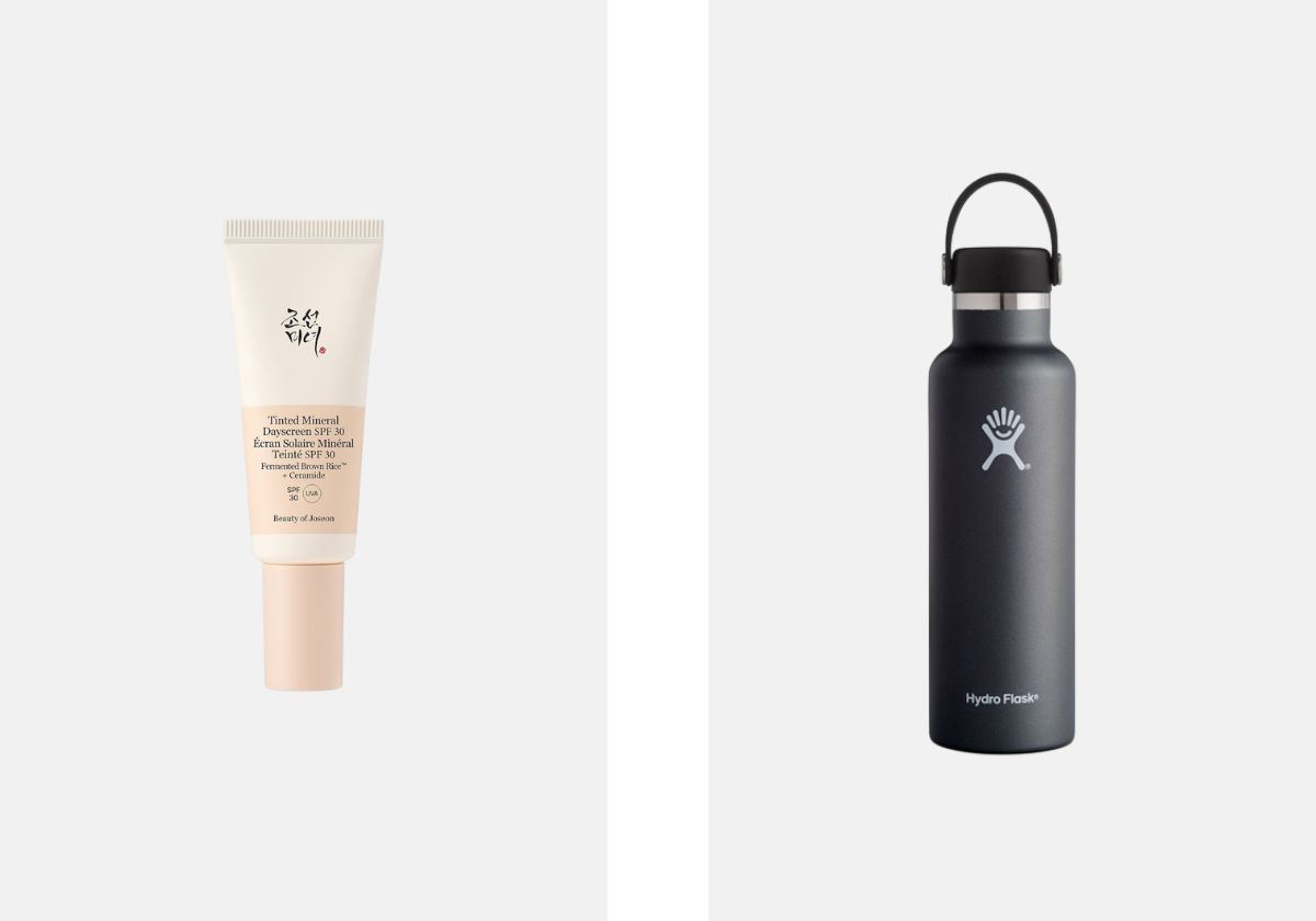 À esquerda: Protetor solar com cor e SPF30, €23, Beauty of Joseon, na Sephora. À direita: Garrafa de água em aço inoxidável, €39,95, Hydro Flask, no El Corte Inglés.