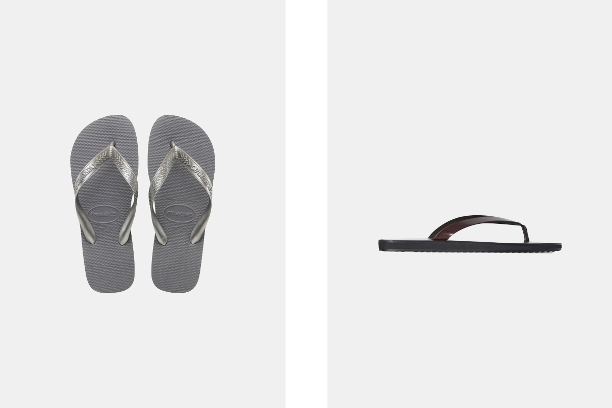 Chinelos Top, € 21,99, Havaianas; chinelos City em pele, € 1.010, The Row.