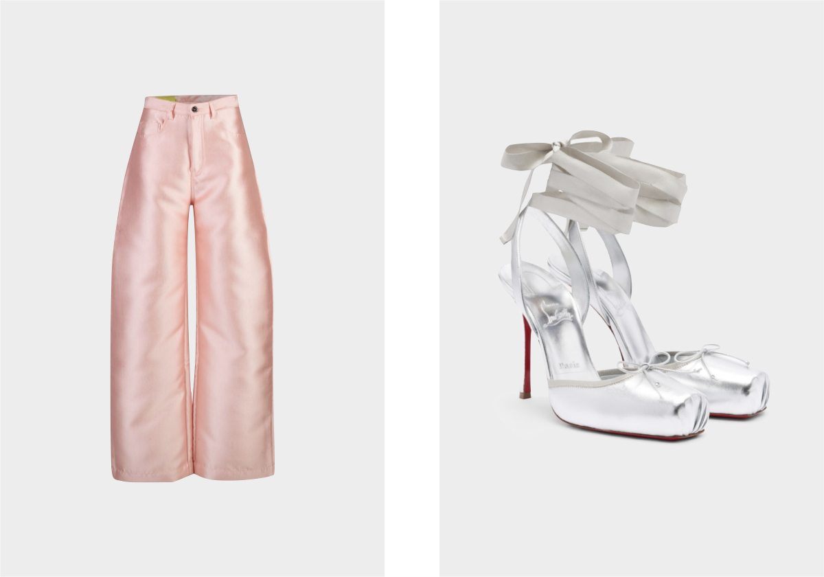 Calças em poliéster, € 380, Marques'Almeida; sandálias em pele, € 995, Christian Louboutin, em mytheresa.com.