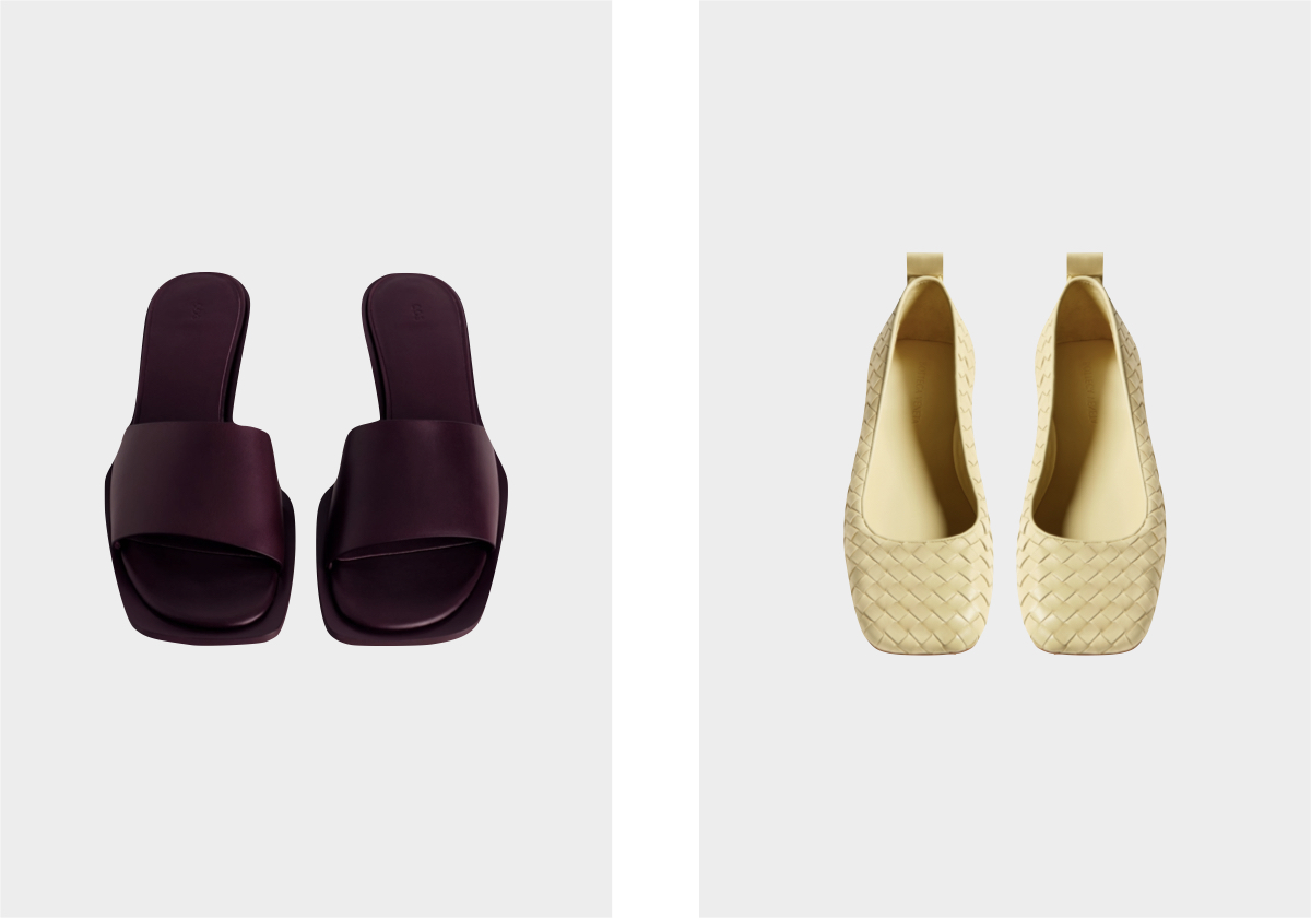 Mules em pele, € 149, COS; sabrina Charlotte, € 990, Bottega Veneta.
