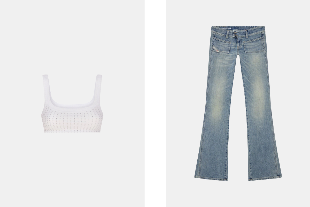Top com cristais, € 290, The attico; Jenas Bootcut D-Hush 09j55, € 195, Diesel.
