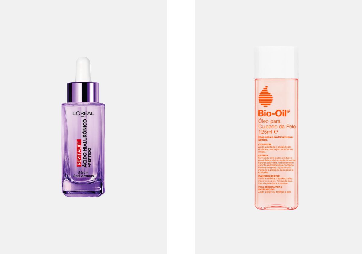 À esquerda: Sérum antirrugas Revitalift Filler, €25,99, L'Oréal Paris, na Wells. À direita: Óleo hidratante corporal, €24,94, Bio-Oil, na Perfumes e Companhia.