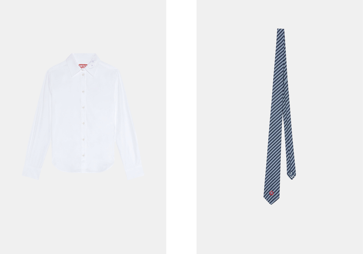 Camisa C-Gis em algodão, € 150, Diesel; Gravata Kenzo Target em seda, € 130, Kenzo