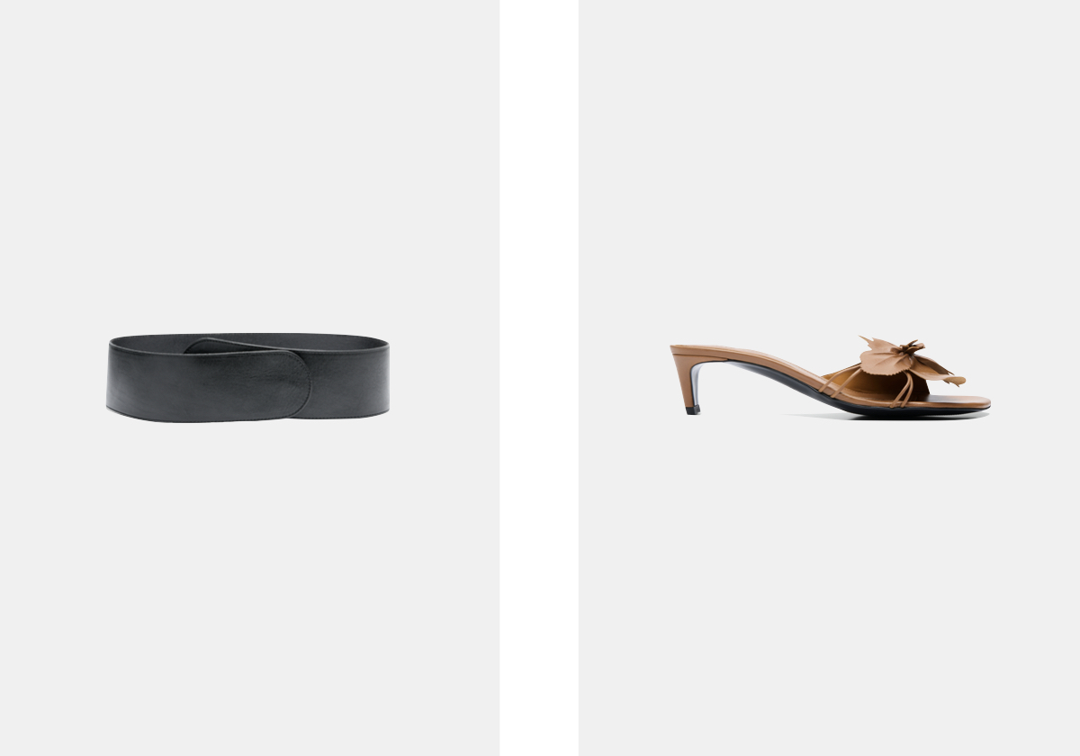 Cinto em pele, € 39,99; mules em pele, € 99,99.