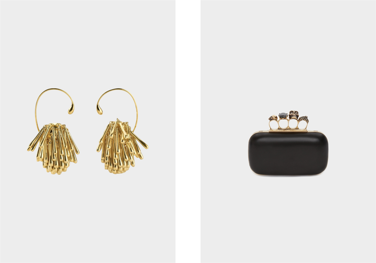 Brincos Pin Ball, €1.000, Hugo Kreit; carteira Knuckle, € 2.690, McQueen.