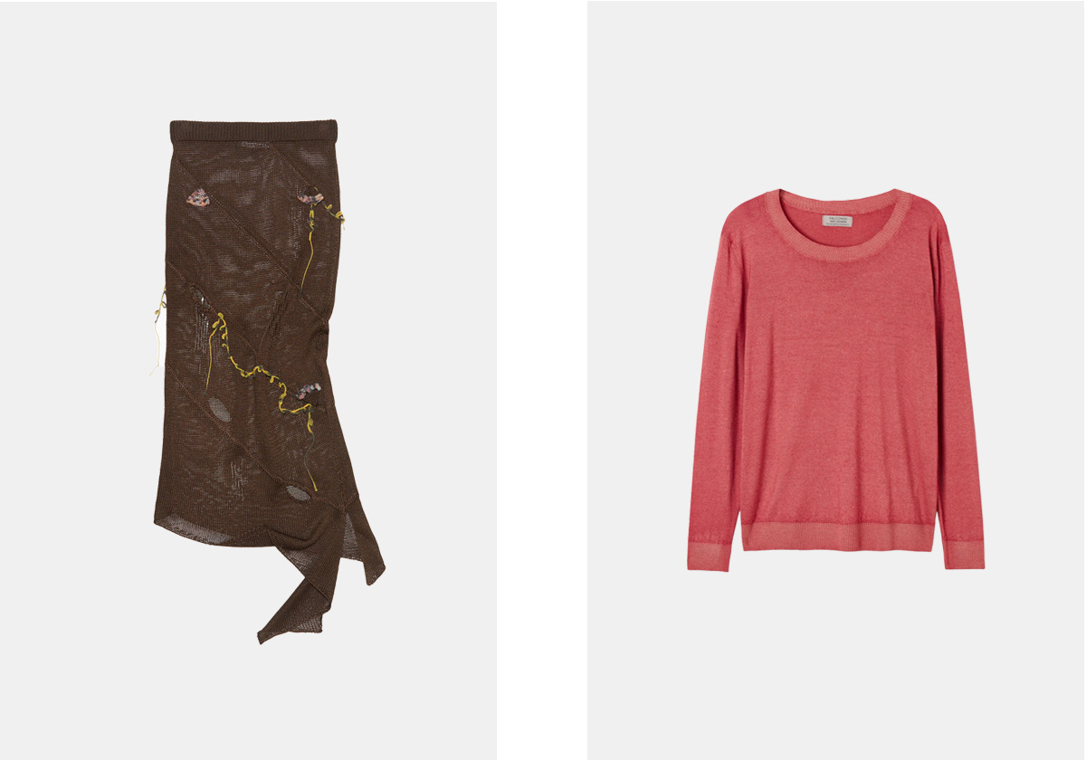 Saia em crochê, € 650, Acne Studios; camisola Extrafine em caxemira, € 188, Falconeri.