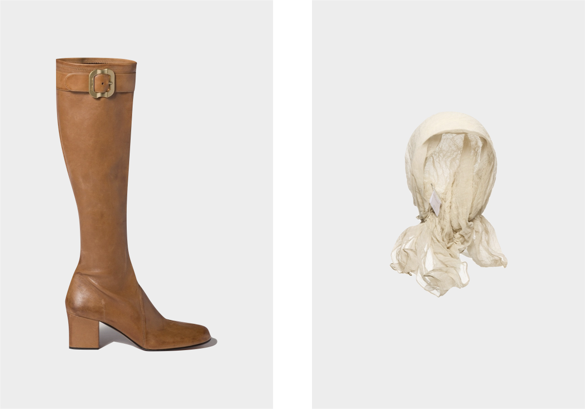 Botas em pele, € 1.850, Miu Miu; lenço com arame, € 595, Magda Butrym.