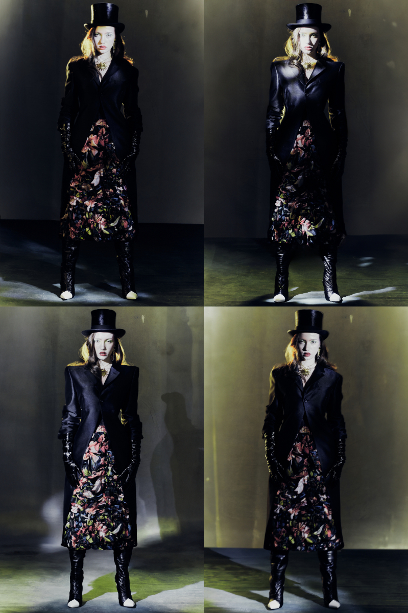 Casaco, NOIR KEI NINOMIYA. Saia, COMME DES GARÇONS. Chapéu e joias, ANTICHITA’ PETRONE. Luvas, ANN DEMEULEMEESTER. Botas, ALCHIMIA.