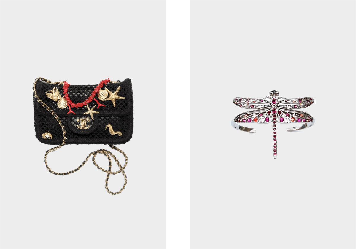 Carteira Coco Beach 2026, € 8.800, Chanel; pulsira Dragonfly em prata de lei, € 265,95, Anna Reikher.