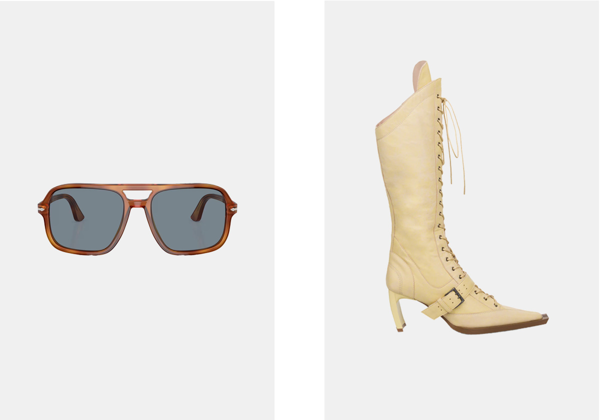 Óculos de sol em acetato, € 285, Persol; Botas XSERPENT em pele, € 1.128,95, KNWLS.