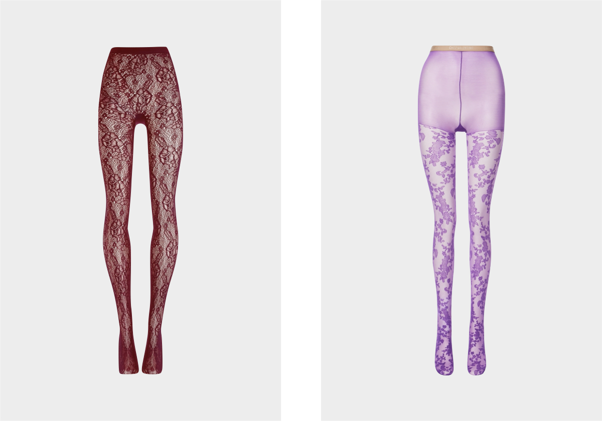 Infinite Rose Net, €50, Wolford; Floral lace, € 490, Valentino Garavani, em mytheresa.com.