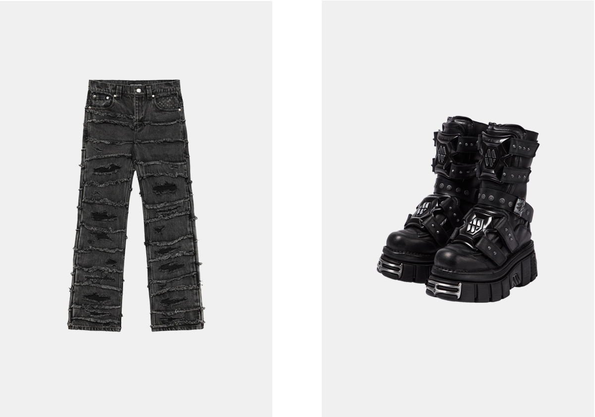 Calças de ganga, € 110, Racer Worldwide; botas em pele, € 1.490, VETEMENTS x New Rock Gamer em mytheres.com.