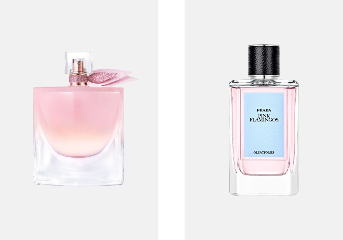 Eau de Parfum La Vie est Belle Vanille Nude 100ml, € 166,20, Lâncome, na Perfumes e Companha; Eau de Parfum Pink Flamingos 100ml, € 340, Prada.
