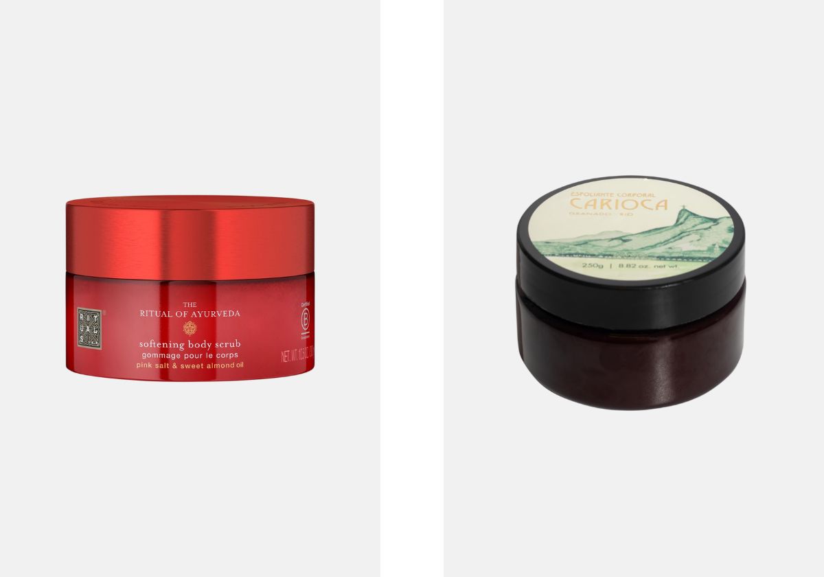 À esquerda: Esfoliante corporal The Ritual of Ayurveda, €17, Rituals. À direita: Esfoliante corporal Carioca, €44, Granado.
