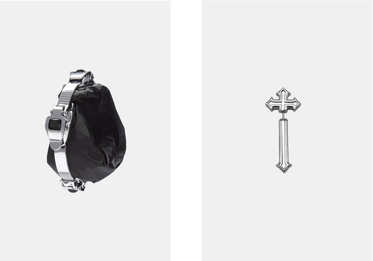Pulseira carteira Module M00, € 390, Inneraum; brinco Strike Through, € 34,95, Rare Romance.