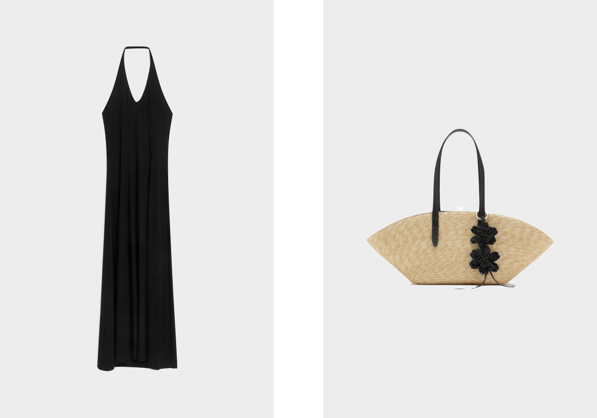 Vestido em algodão, € 69, Arket; carteira, € 29,99, Mango.