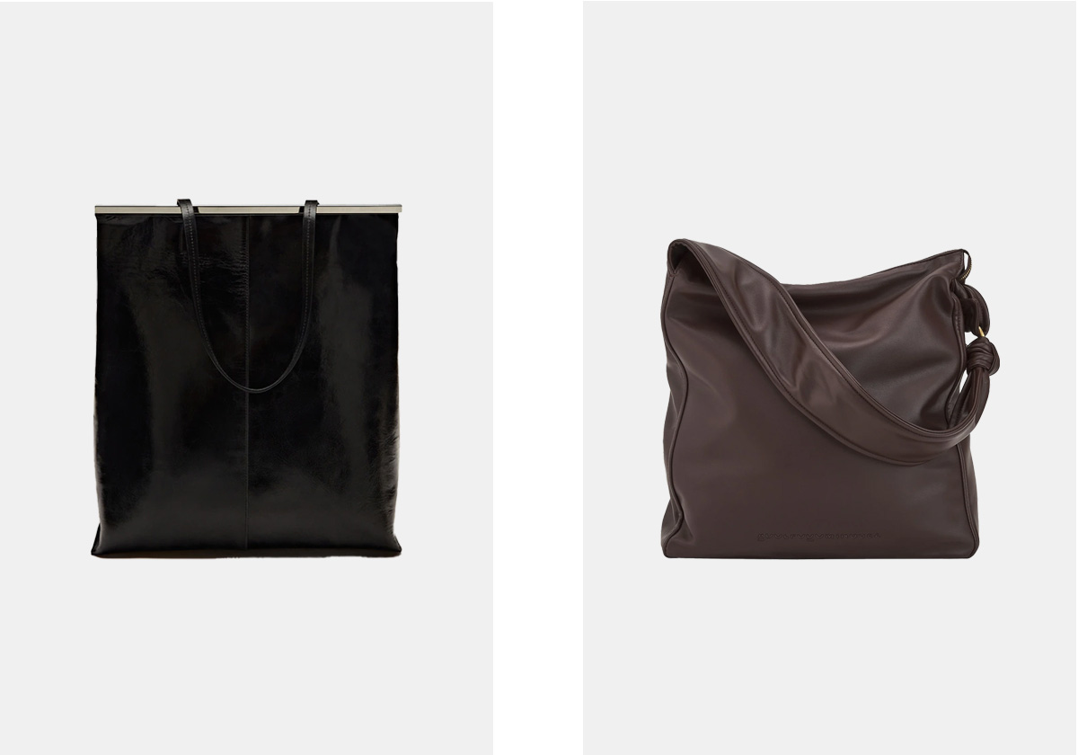 Em pele, € 299, Massimo Dutti; Hobo Maxi em poliuretano, € 149, Adolfo Dominguez.
