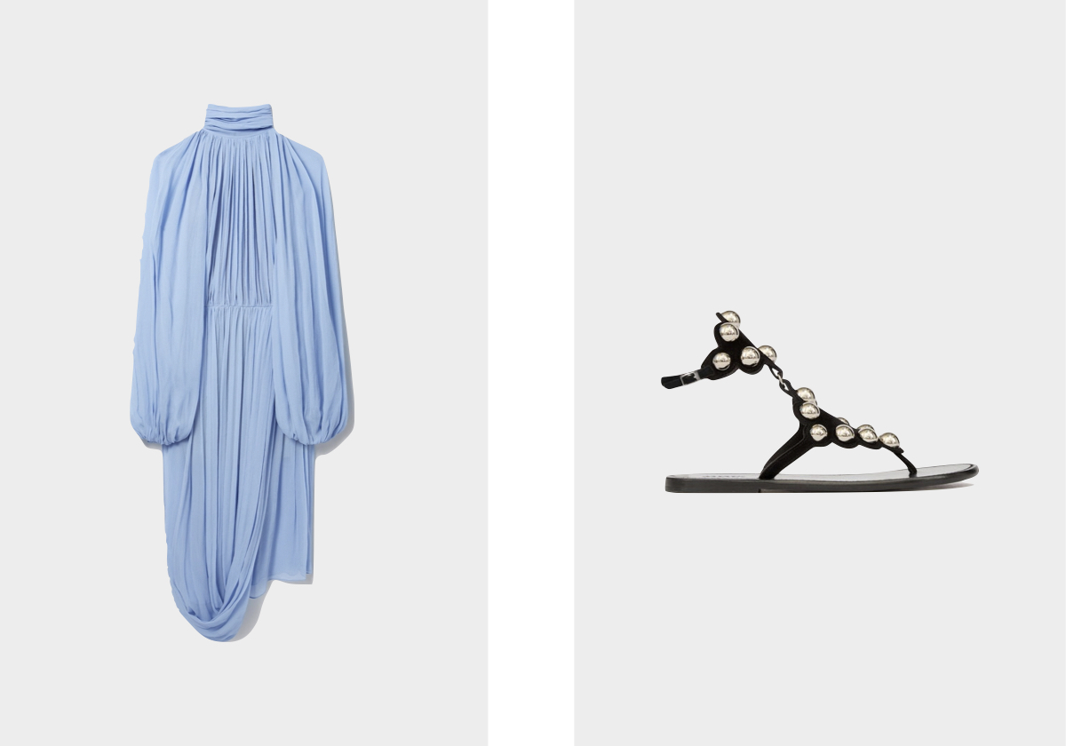 Vestido em seda, € 2.220, Stella McCartney; Sandálias Velvee em pele, € 690, Isabel Marant.