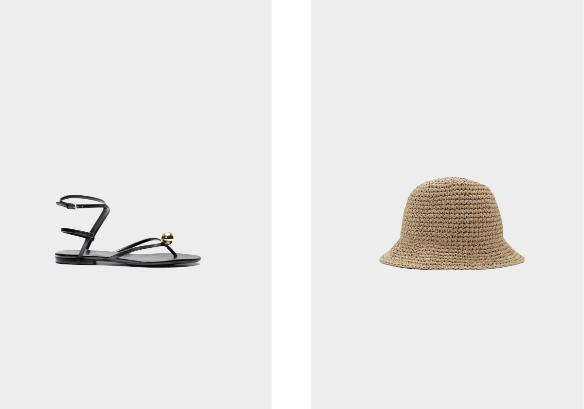 Sandálias, € 69,99; chapéu, € 25,99.