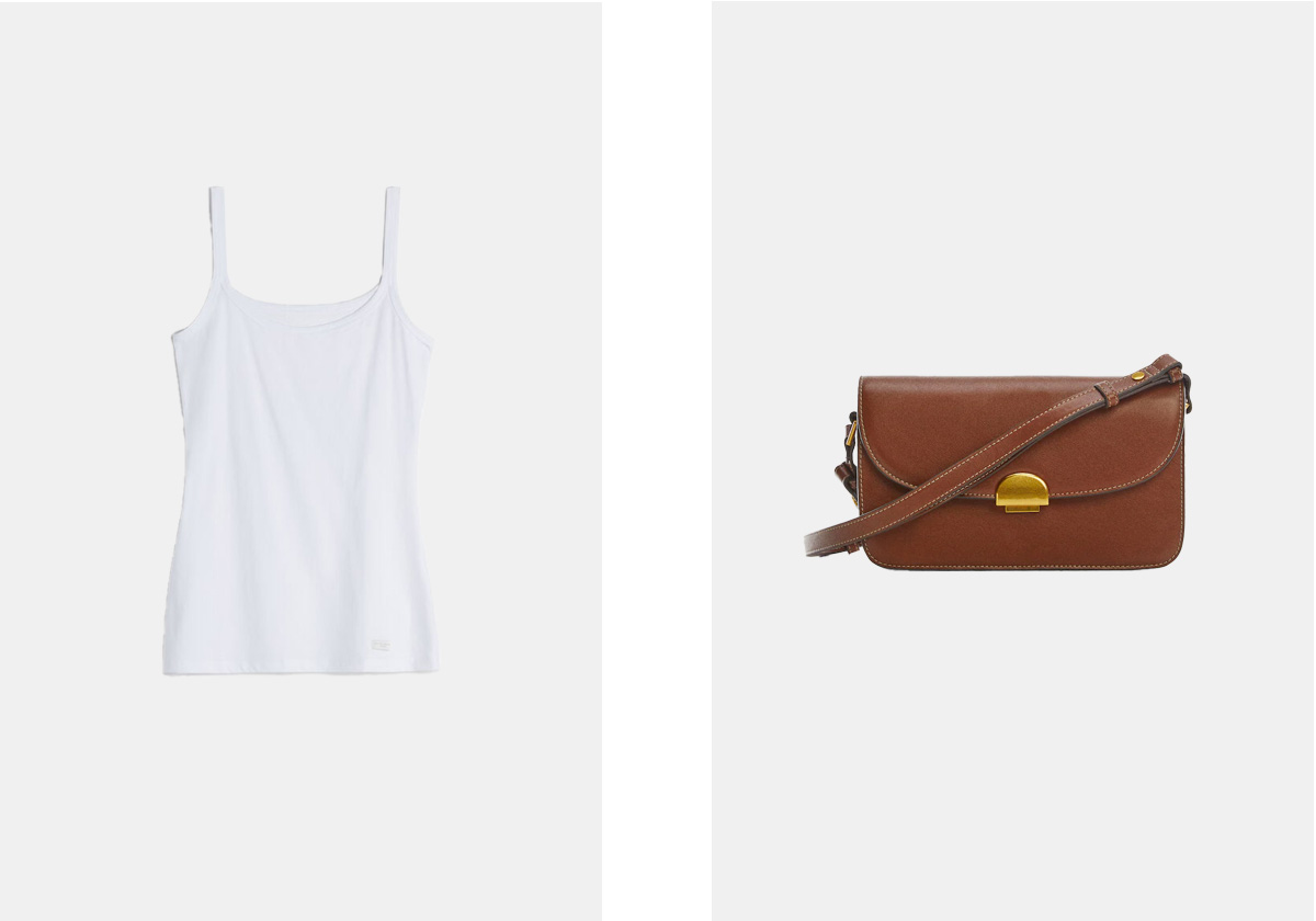 Top em algodão, € 12,90, Intimissimi; carteira em poliuretano, € 35,99, Mango.