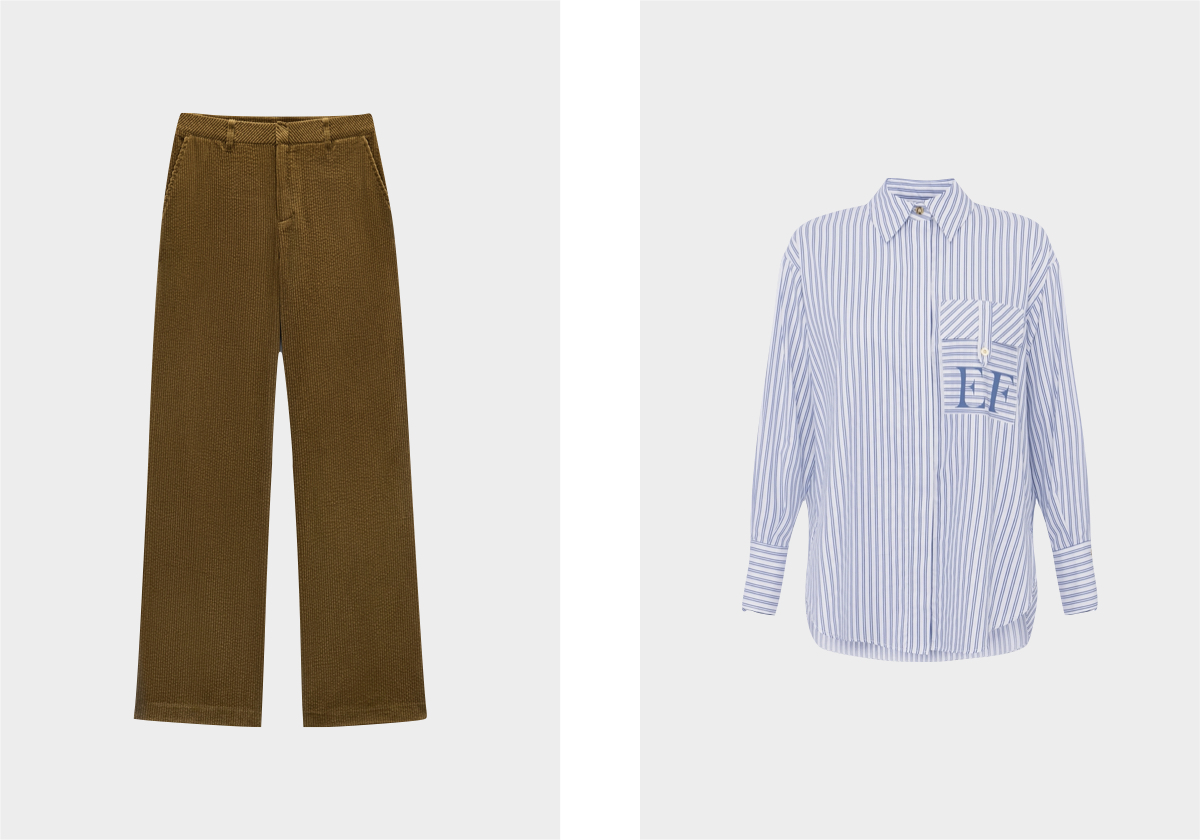 Calças em bombazina de algodão, € 39,99, Parfois; camisa em algodão, € 350, Elisabetta Franchi.