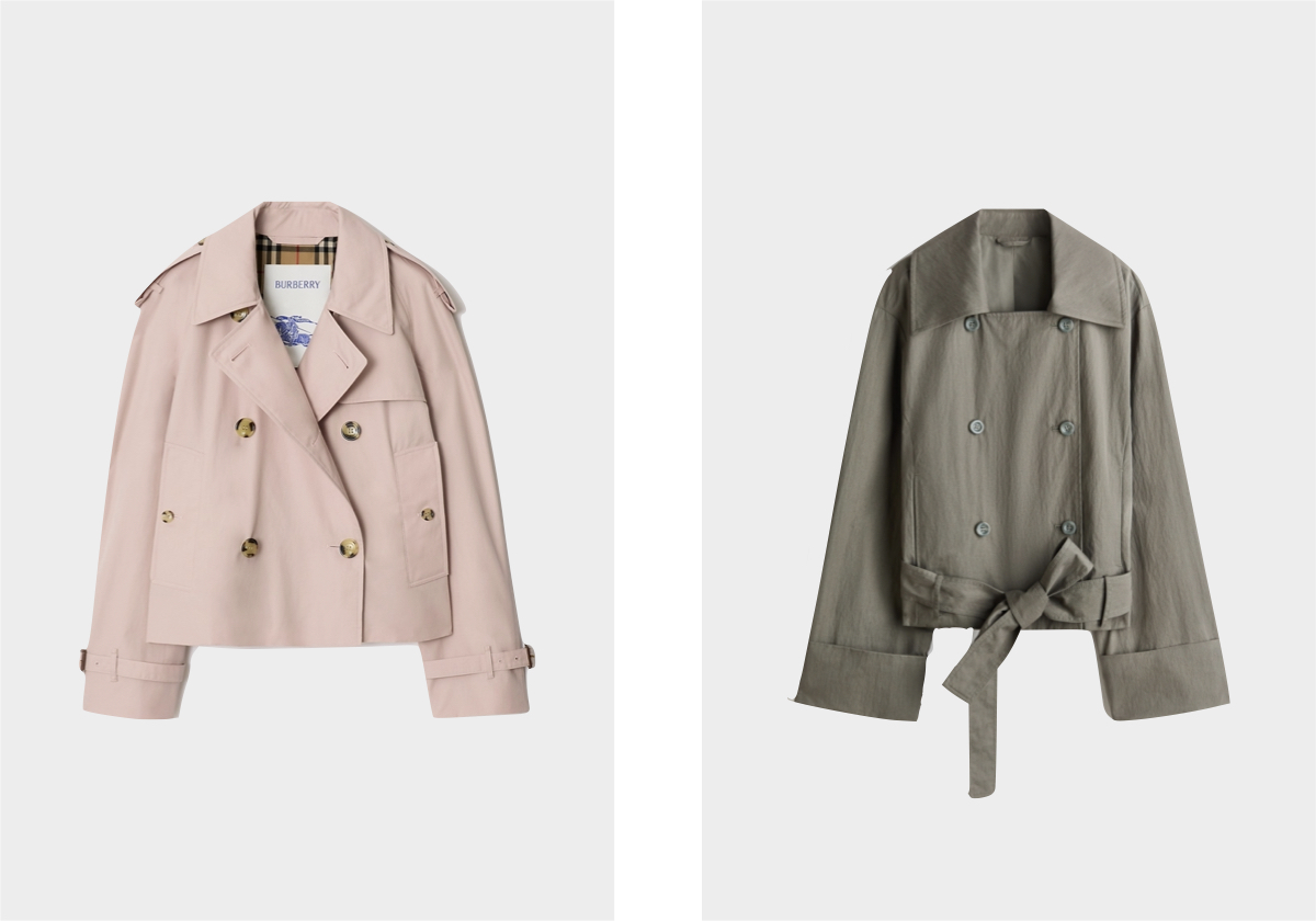 Gabardine Mayfair, € 1.590, Burberry; em algodão e poliamida, € 39,99, H&M.