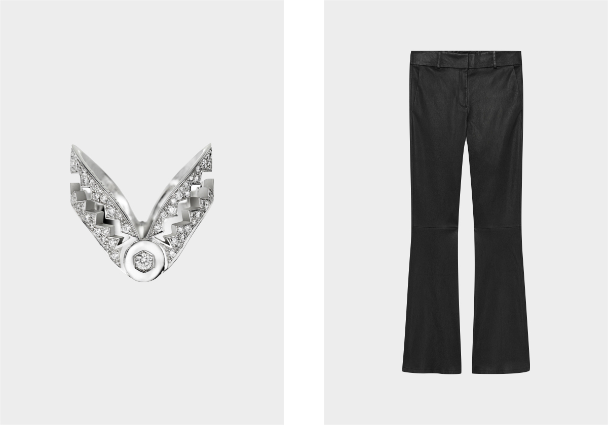 Anel Capture Me em ouro branco e diamantes, € 5.250, Akillis; calças Lucia em pele, € 895, Arma.