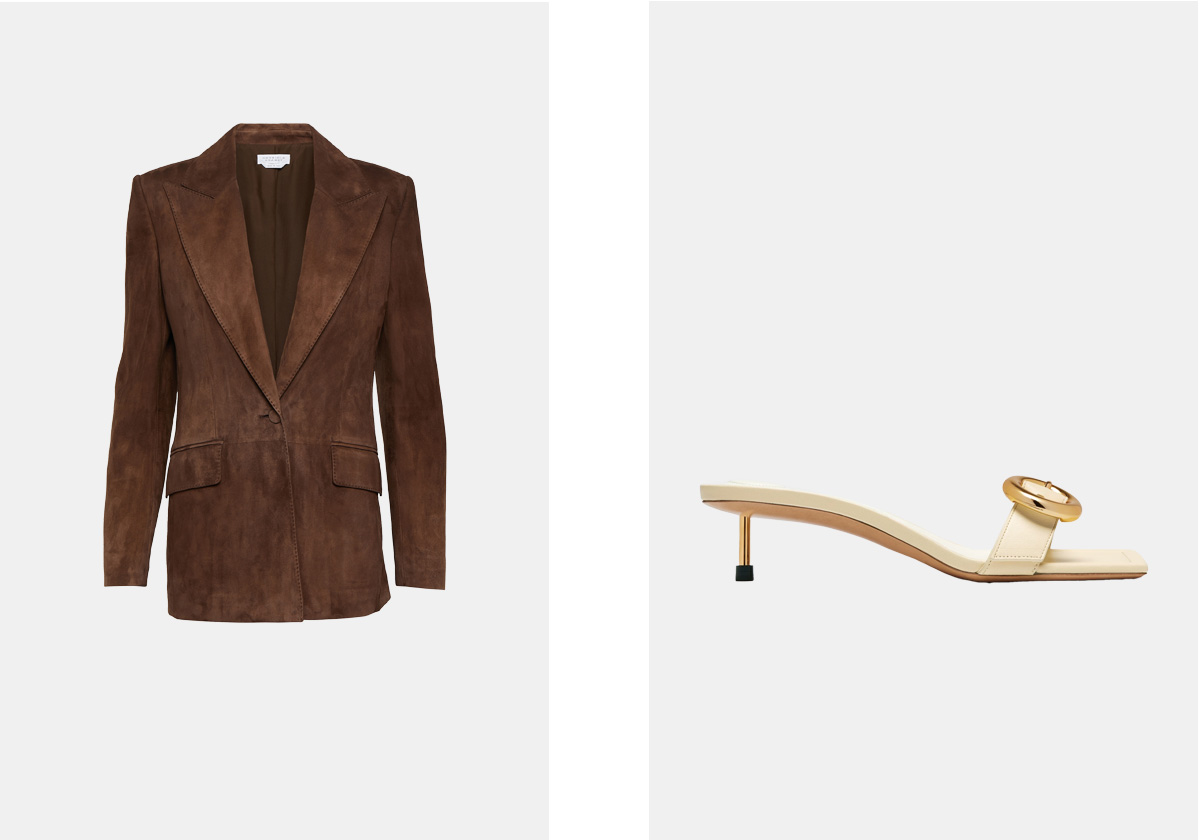 Mules em pele, € 590, Jacquemus; blazer em pele, € 5.050, Gabriela Hearst, em mytheresa.com.