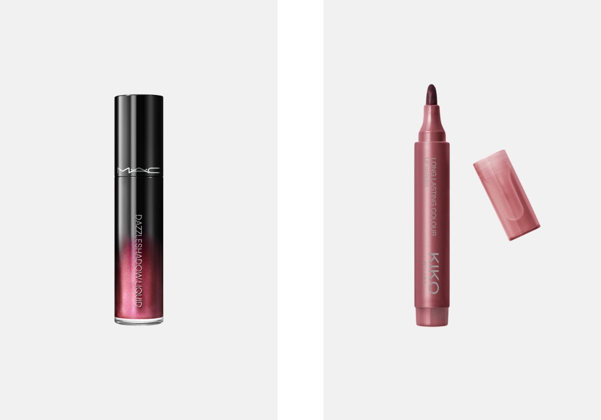 Sombra de olhos líquida Dazzleshadow, no tom Fuchsia Future, €29, MAC; Marcador de lábios, no tom Plum, €10,99, Kiko Milano.