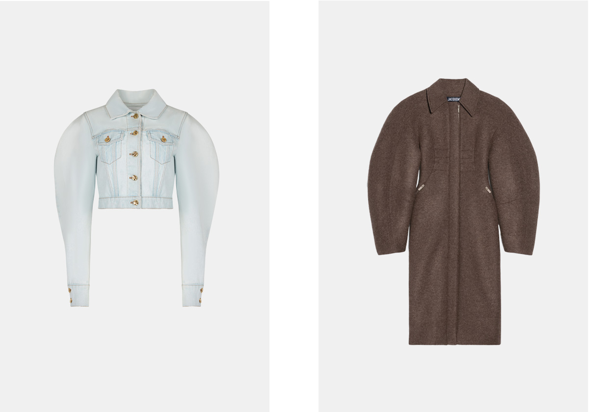Casaco em ganga, € 590, Nina Ricci; casaco em poliéster, € 1590, Jacquemus.