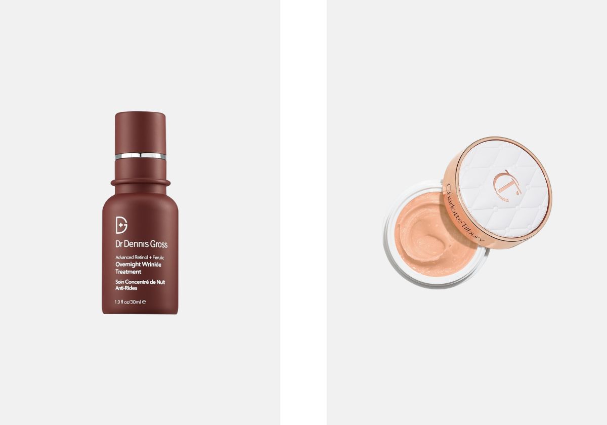 À esquerda: Cuidado concentrado de noite antirrugas Advanced Retinol + Ferulic, €99,99, Dr Dennis Gross, na Sephora. À direita: Máscara de noite para os lábios Life Changing, €33, Charlotte Tilbury, na Sephora.