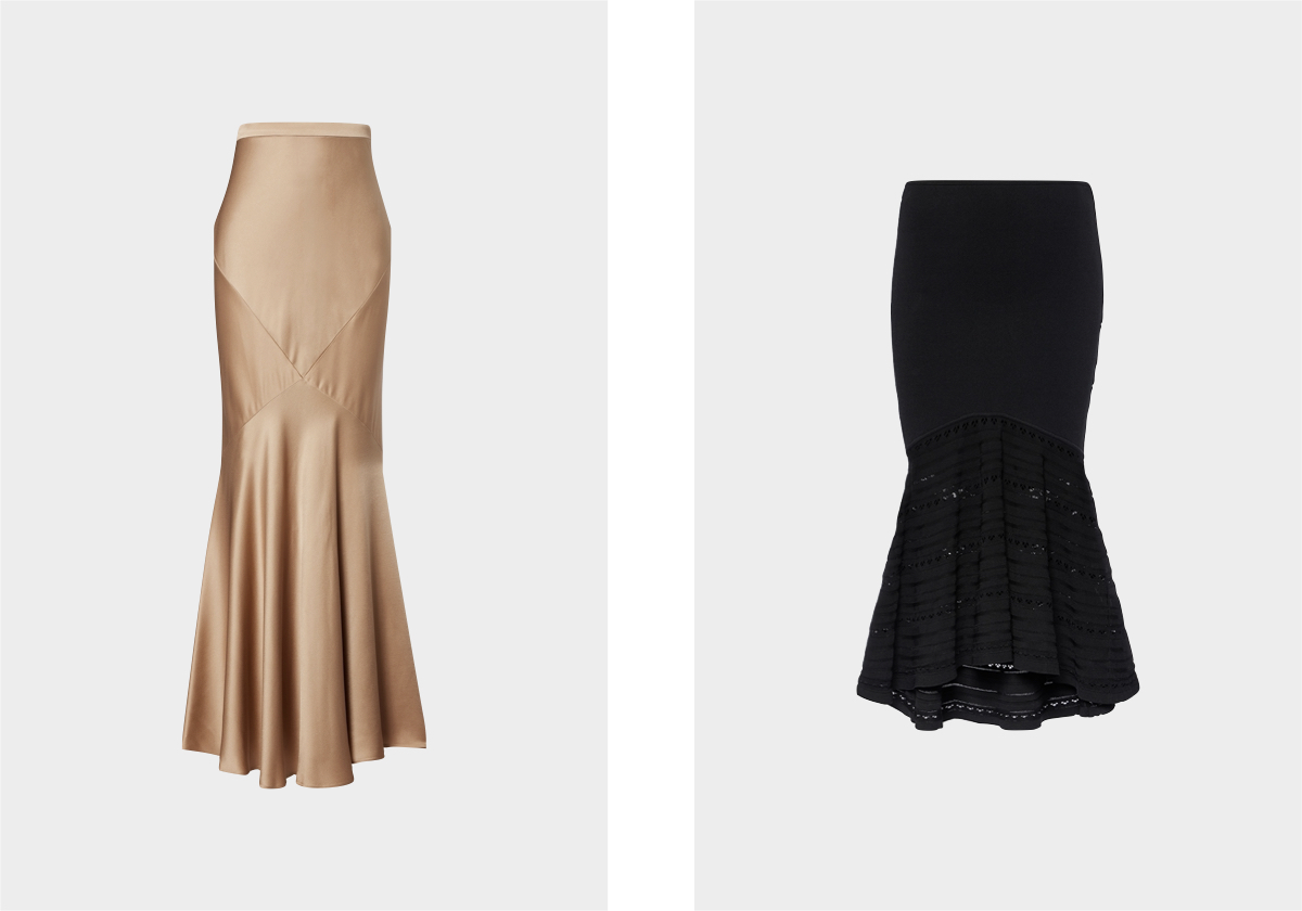 Saia em acetato, € 355, Max Mara, em mytheresa.com; saia em viscose, € 590, Victoria Beckham, em mytheresa.com