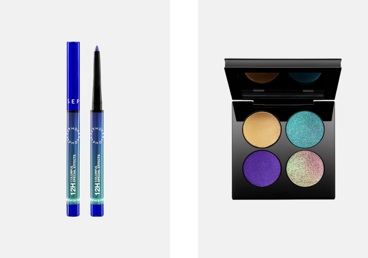 À esquerda: Eyeliner multicromático, €12, Sephora Collection, na Sephora. À direita: Paleta de sombras, €73,99, Pat McGrath Labs, na Sephora.