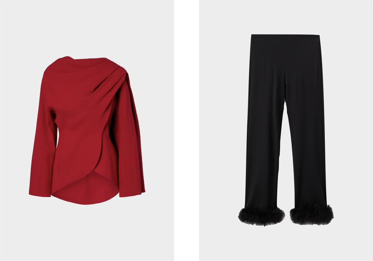 Blusa em lã, € 2.190, Mugler, em mytheresa.com; calças com penas, € 29,99, Mango.