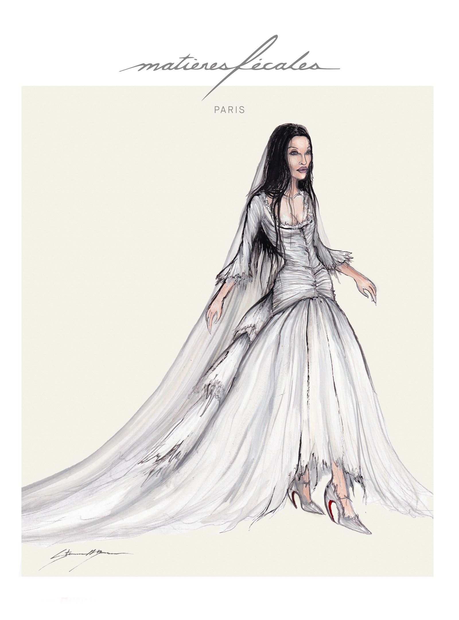 O vestido de noiva principal de Gabbriette, o Gabriella, foi confecionado em tafetá de seda branco e tule déchiré.