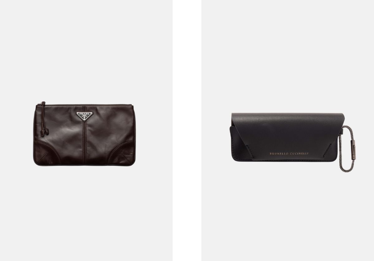 À esquerda: Bolsa em pele, €590, Prada. À direita: Caixa de óculos em pele, €590, Brunello Cucinelli, em net-a-porter.com.
