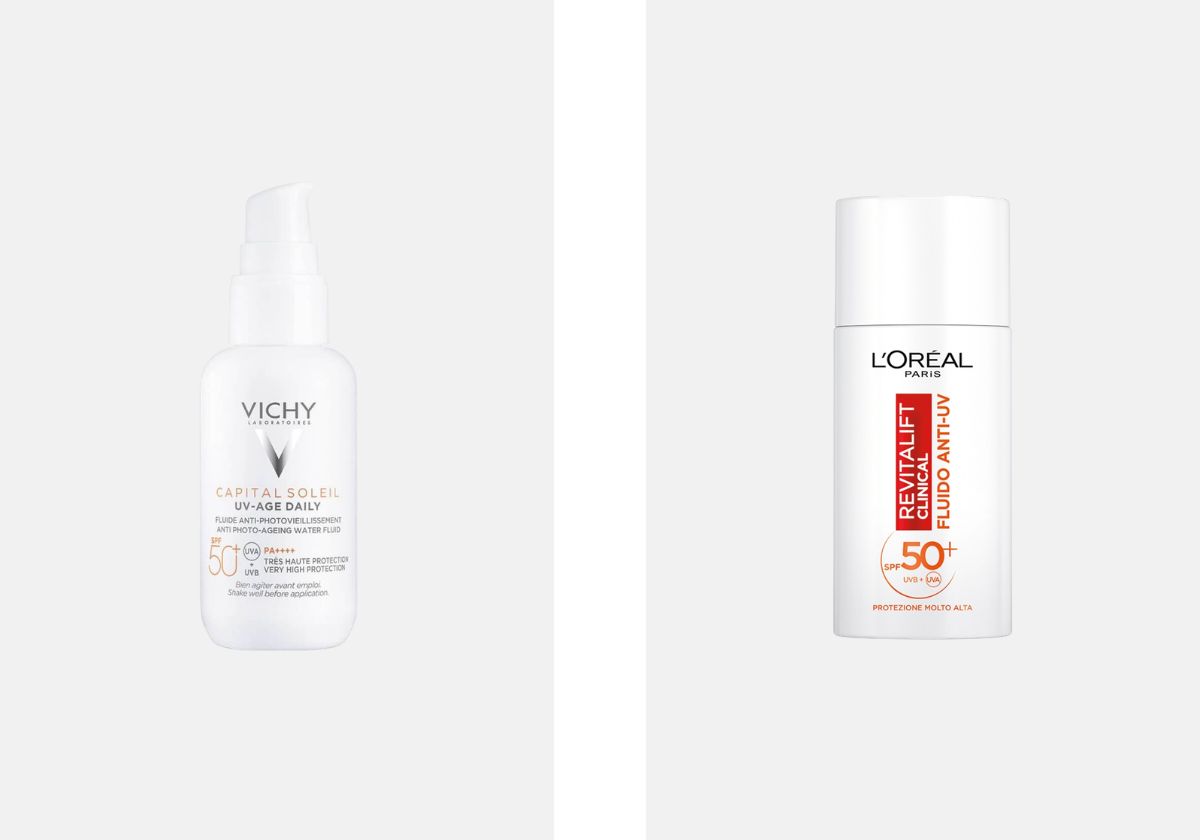 À esquerda: Protetor solar SPF 50+ anti-envelhecimento Capital Soleil UV-Age Daily, €28,20, Vichy, em skin.pt. À direita: Protetor solar SPF 50+ Revitalift Clinical Hidratante Fluido Anti-UV, €23,99, L'Oréal Paris, na Wells.