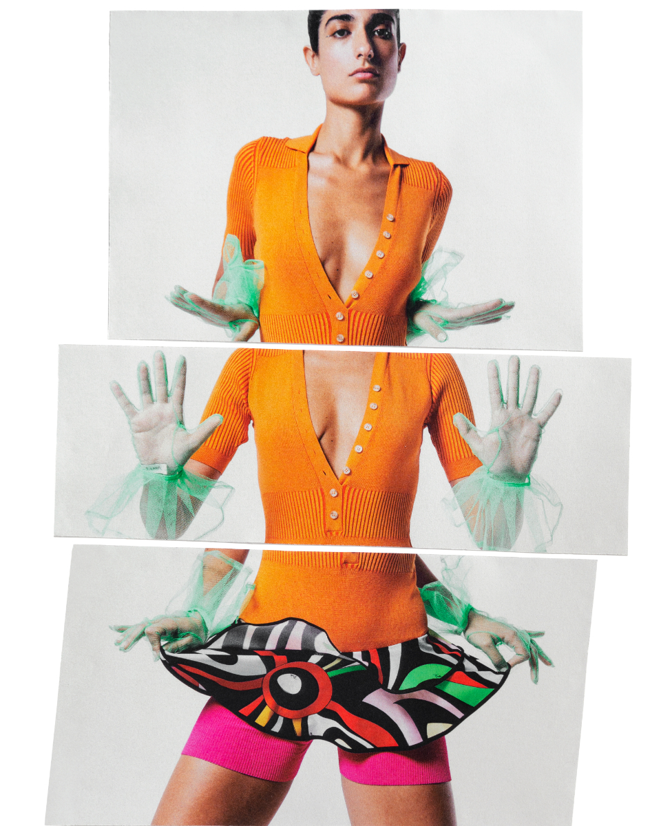 Bodysuit e calções, JACQUEMUS. Cuecas de biquíni, PUCCI. Luvas, T LABEL.