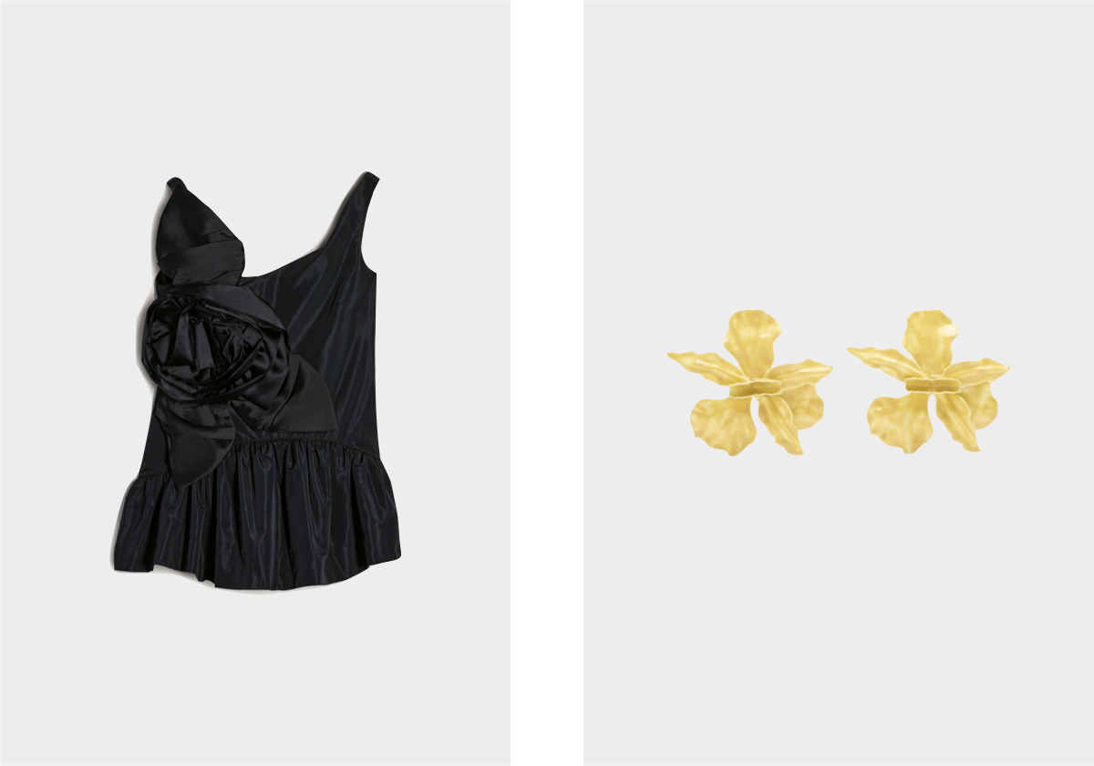 Top Rosette em algodão, preço sob consulta, Simone Rocha; brincos em esmalte, € 12,99, Parfois.