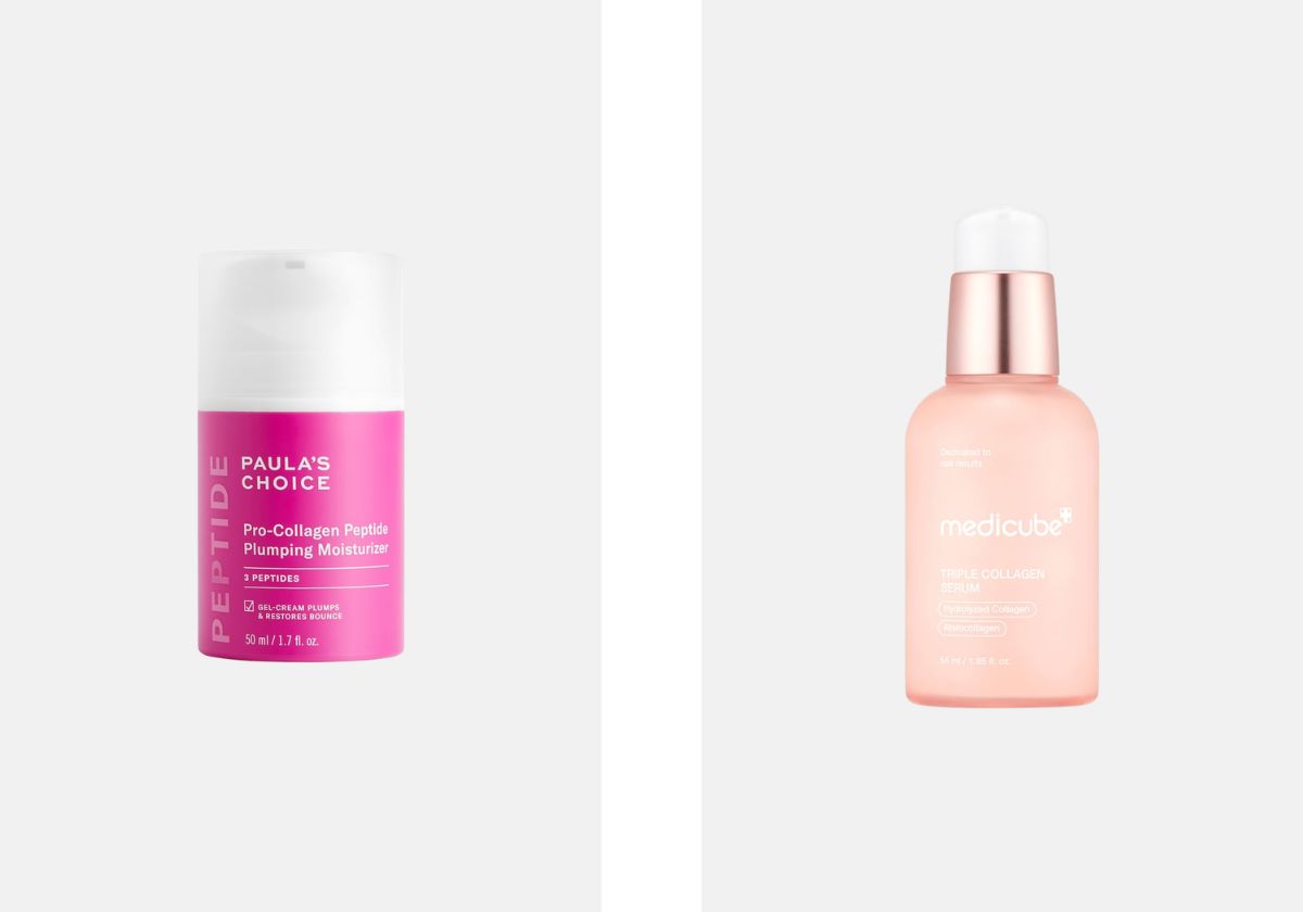 À esquerda: Creme hidratante preenchedor Peptide, €56, Paula's Choice, na Sephora. À direita: Sérum de rosto refirmante e hidratante Triple Collagen Serum 4.0, €29, Medicube, na Sephora.