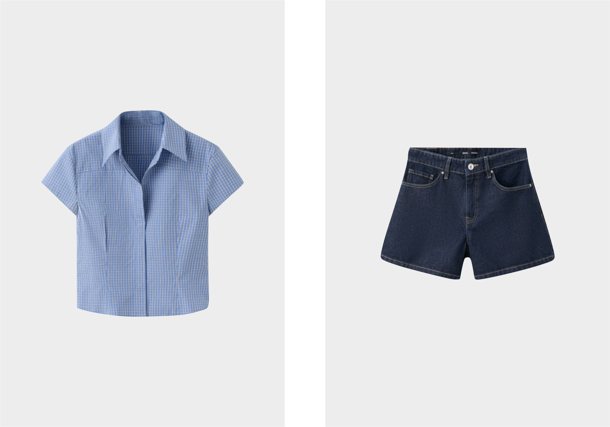 Camisa em algodão, € 29,99; calçoes em denim, € 25,99.