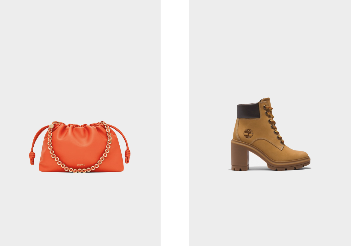 Carteira Flamenco em pele, € 3.000, Loewe; botas Mid Allington Heights, € 150, Timberland.