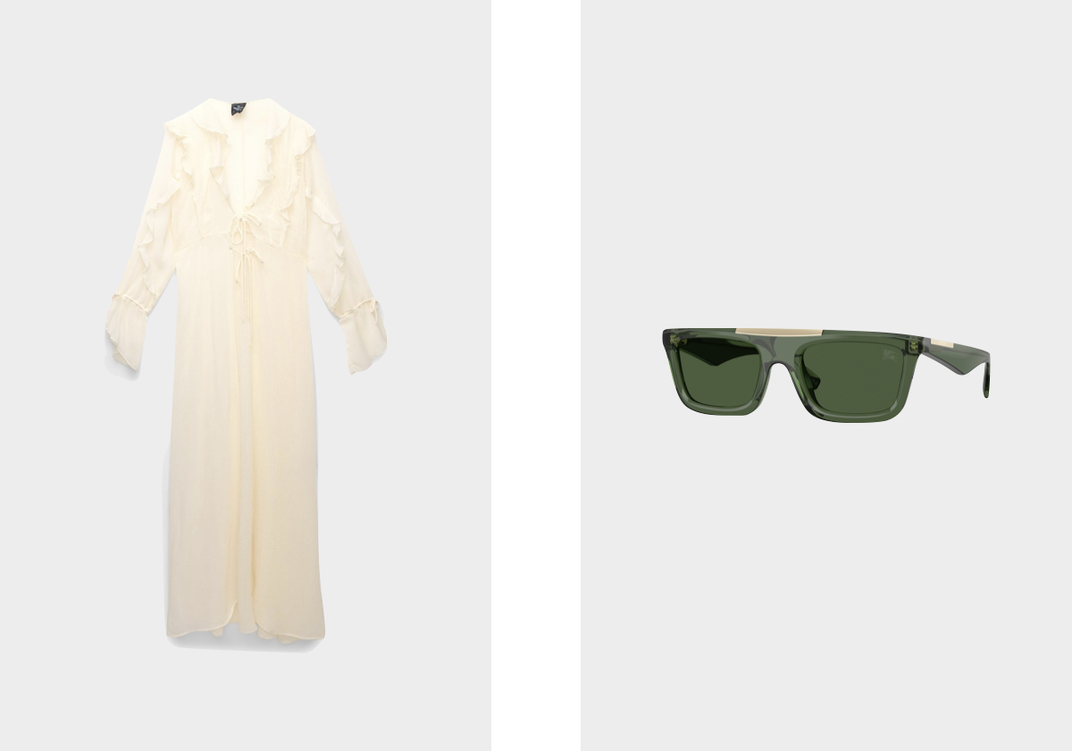 Quimono em poliéster, € 29,99, Pull & Bear; óculos de sol, preço sob consulta, Burberry, exclusivo na Sunglasses Hut.
