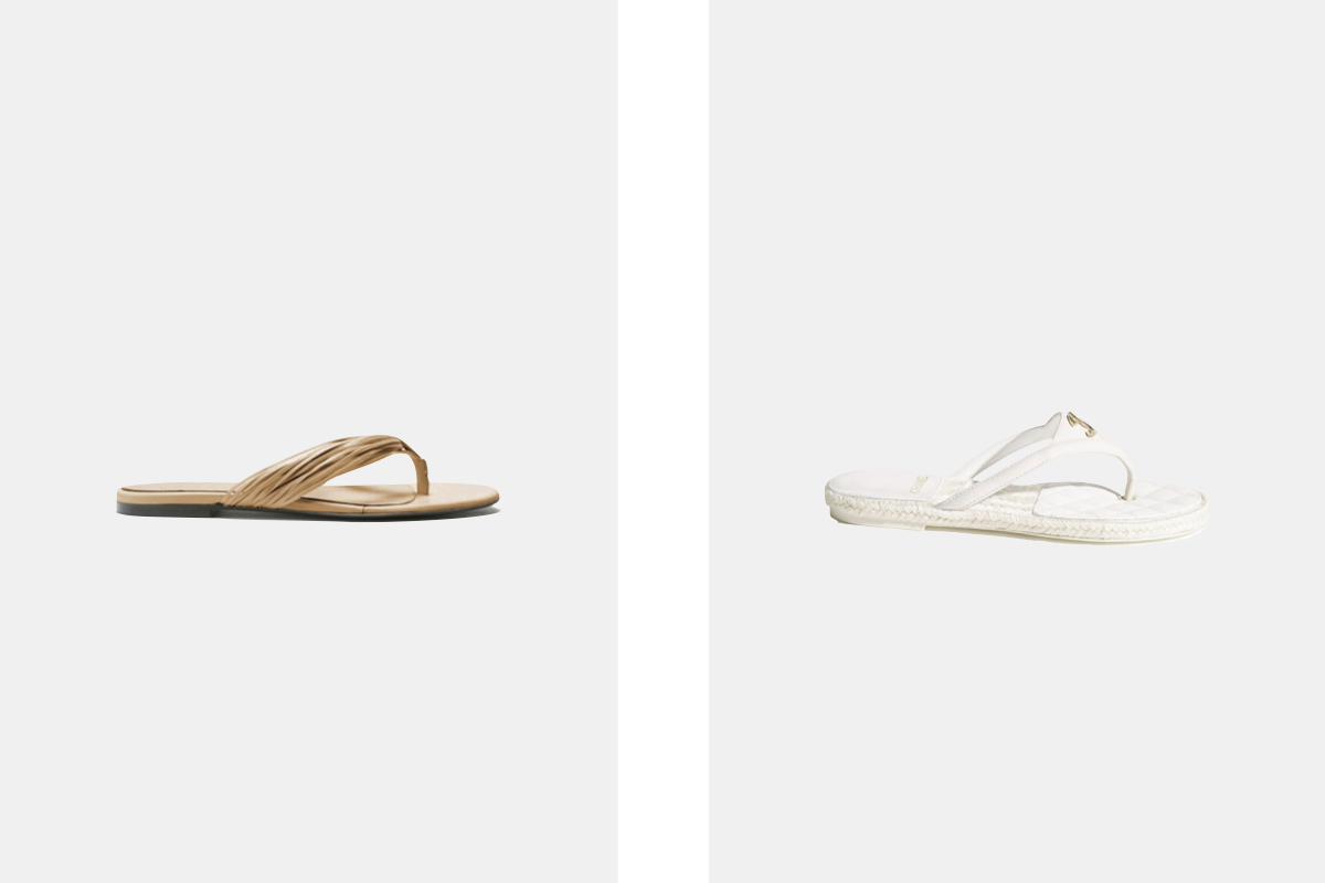 Chinelos Cable em pele, € 590, Proenza Schouler; chinelos Coco Beach 2025, 3 990, Chanel.